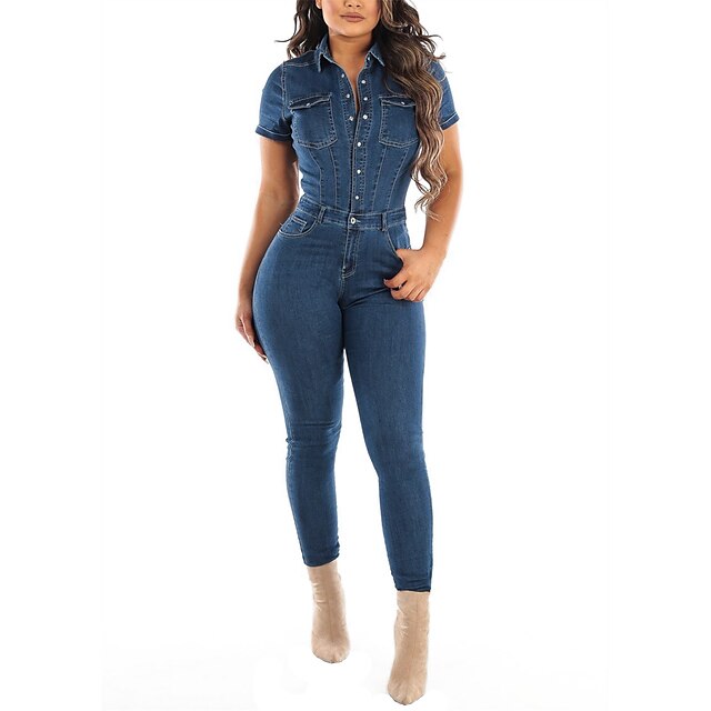  Women's Jumpsuit Solid Colored Button Casual Shirt Collar Street Daily Wear Short Sleeves Regular Fit Blue S M L Fall