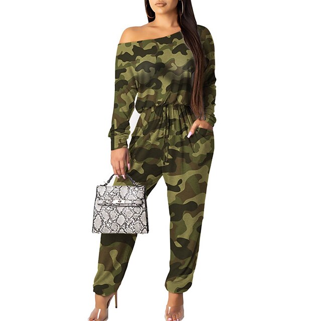  Women's Jumpsuit Geometric Print Casual Crew Neck Street Daily Wear Long Sleeve Regular Fit Green Red Brown S M L Fall