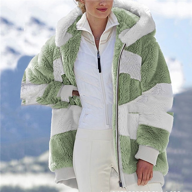  Dame Teddyfrakke Sherpa jakke Fleece jakke Patchwork Normal Frakke Hvid Grå Lysegrøn Himmelblå Rød Gade Elegant Lynlås Efterår Hættetrøje Regulær S M L XL XXL 3XL