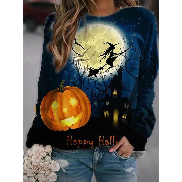  Dame Sweatshirt bluse Trykt mønster Gade Halloween Sort Blå Gul Græskar 3D Grafiske tryk Afslappet Langærmet Rund hals S M L XL XXL / 3D-udskrivning