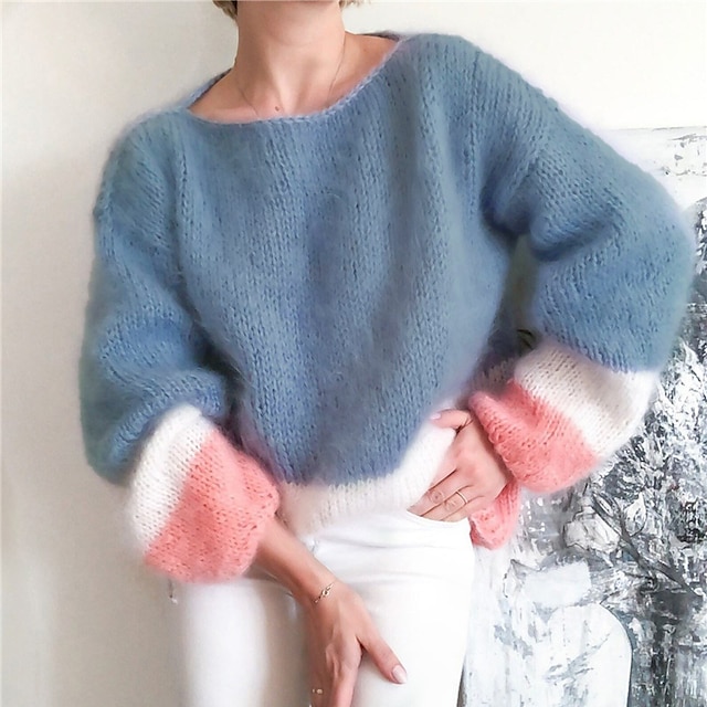  Women's Pullover Sweater Jumper Crochet Knit Knitted Crew Neck Striped Home Daily Stylish Casual Drop Shoulder Fall Winter Blue S M L / Long Sleeve / Regular Fit