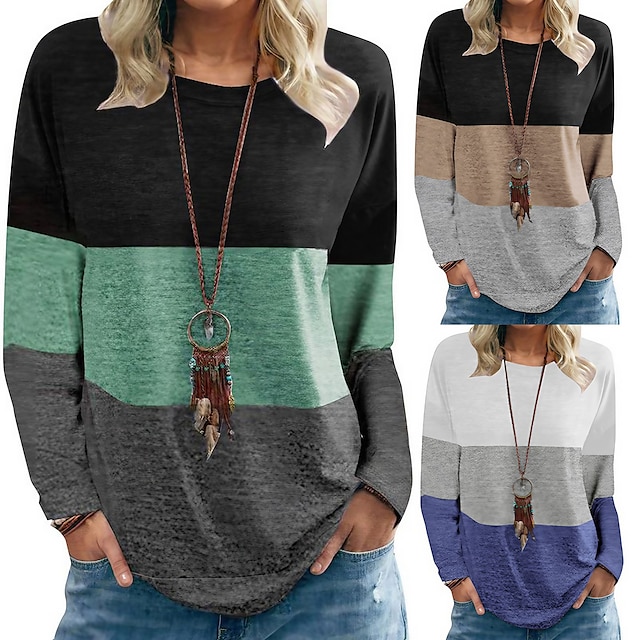  Women's Blouse Turtleneck Knitted Sweater Long Sleeves Stripe Color Block Patchwork Loose Ribbed Pullover Jumper Tops Round Neck Regular Spring &  Fall Blue Blushing Pink Grey Green Beige