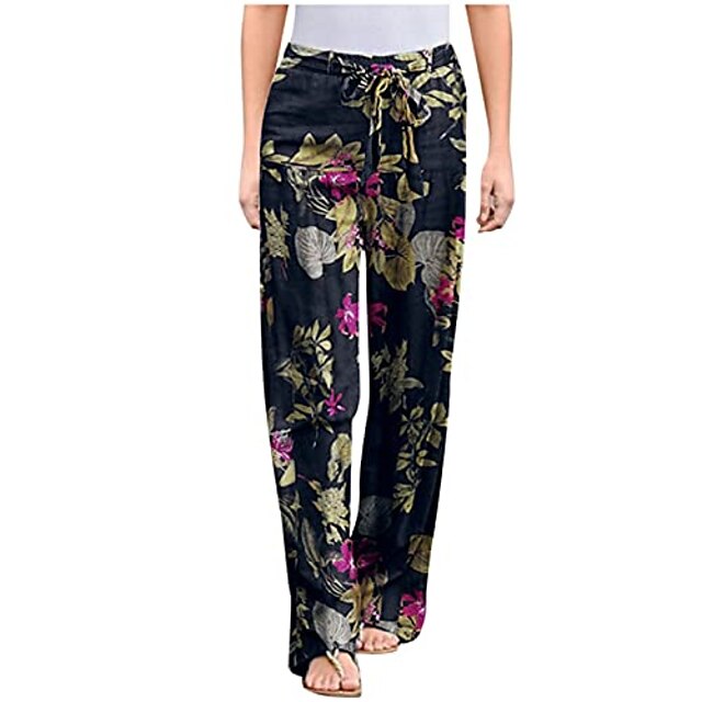 women's wide leg pants summer cotton linen elastic waist drawstring trousers comfy fitness sweatpants yoga pants
