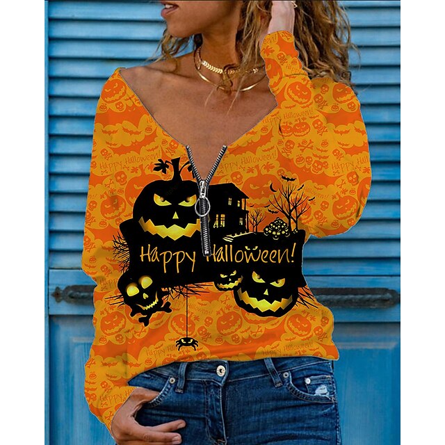  Dame Halloween Weekend T-shirt Abstrakt Maleri Langærmet Tekst Græskar V-hals Trykt mønster Basale Halloween Toppe Sort Blå Lilla S / 3D-udskrivning