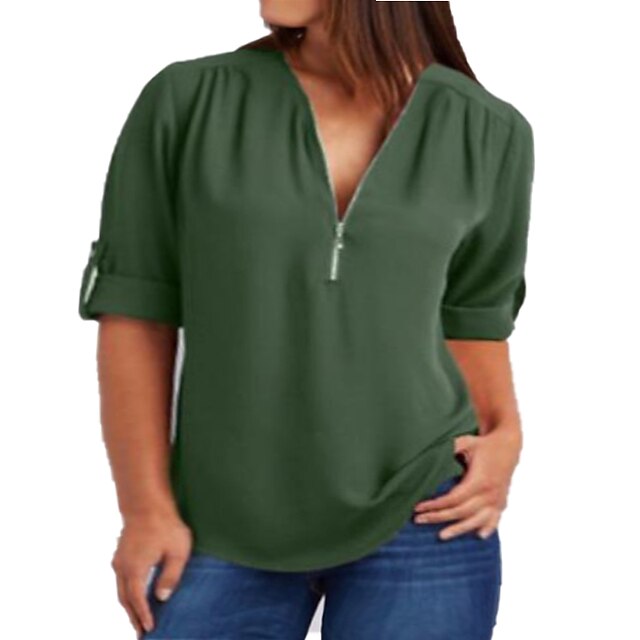  Women's Plus Size Tops Blouse Shirt Plain Long Sleeve Zipper Casual Preppy V Neck Polyester Daily Vacation Spring Summer Navy Olive Green