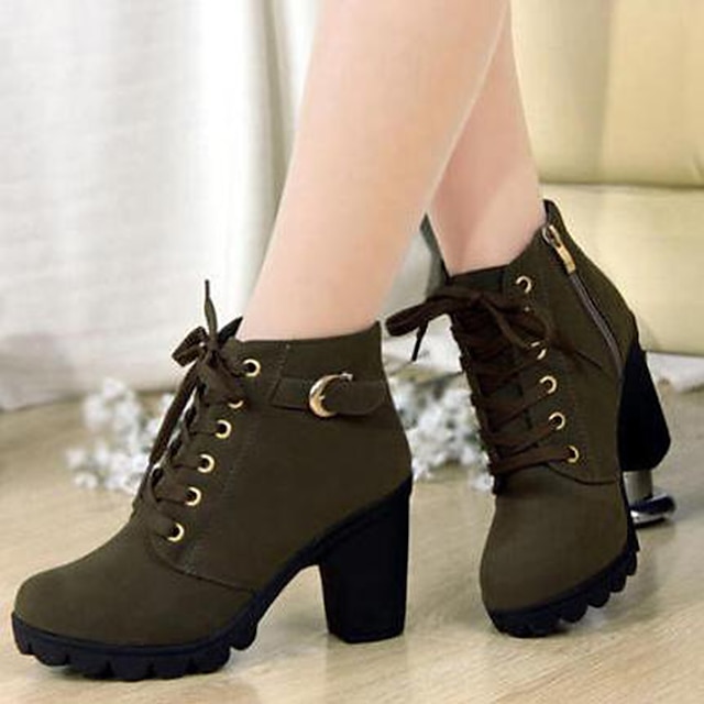  Botins femininos de salto grosso marrom com cadarço e fecho lateral de zíper - perfeitos para roupas casuais e elegantes