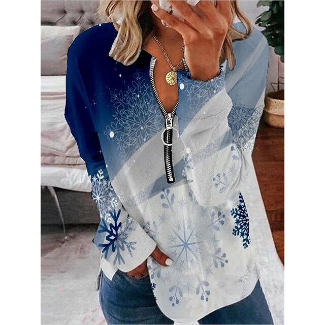  Women's Zip Hoodie Sweatshirt Patchwork Print Sportswear Blue Floral Snowflake Daily Loose Long Sleeve Crew Neck S M L XL XXL / 3D Print