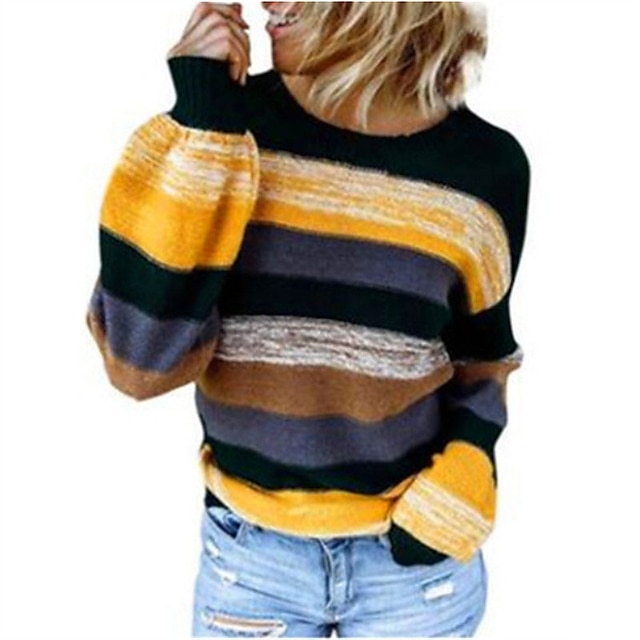  Women's Sweater Pullover Jumper Striped Knitted Stylish Casual Soft Long Sleeve Sweater Cardigans Fall Winter Crew Neck Blue Purple Gray