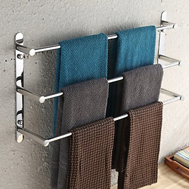  porte-serviettes en acier inoxydable 3 niveaux porte-serviettes de bain mural miroir poli argenté 60 / 70cm