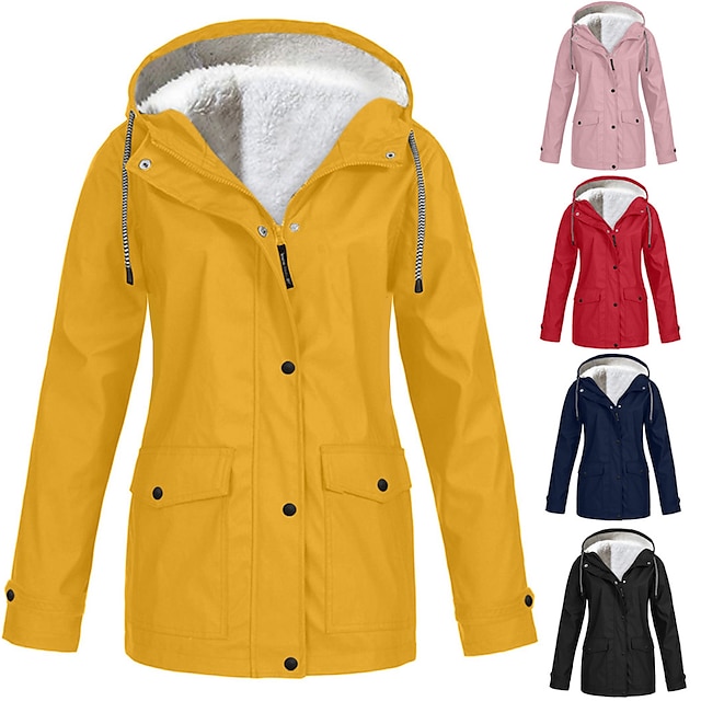  Women's Rain Jacket Hooded Raincoat Parka Winter Fleece Jacket Outdoor Waterproof Windproof Windbreaker Lightweight Warm Casual Sports Trench Coat Hoodies Outerwear Top Sweatshirt Overcoat