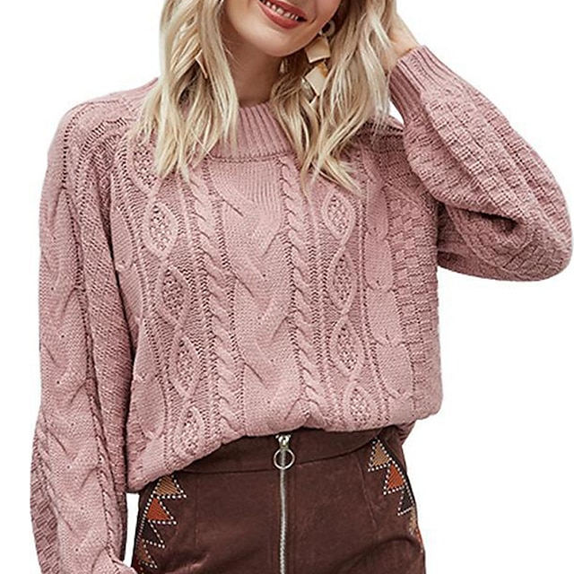  Women's Sweater Pullover Jumper Solid Color Knitted Stylish Basic Casual Long Sleeve Sweater Cardigans Fall Winter Crew Neck Pink Fuchsia Brown