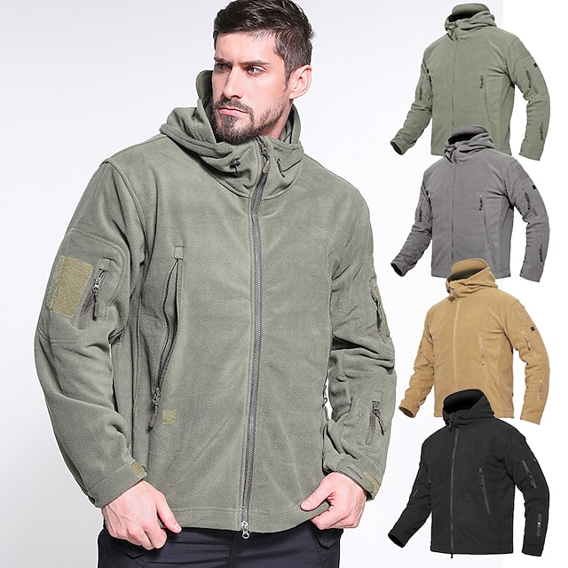  Men's Fleece Hoodie Jacket Hiking Jacket Military Tactical Jacket Winter Outdoor Thermal Warm Windproof Breathable Stretchy Single Slider Winter Jacket Top Hunting Fishing Climbing Army Green Black