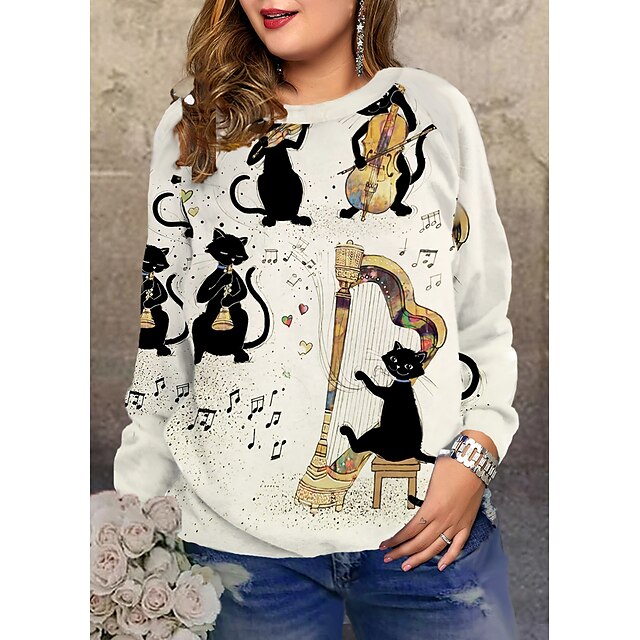  Women's Plus Size Tops Pullover Sweatshirt Cat Graphic Long Sleeve Print Hoodie Streetwear Crewneck Spandex Daily Going out Fall Winter White Black