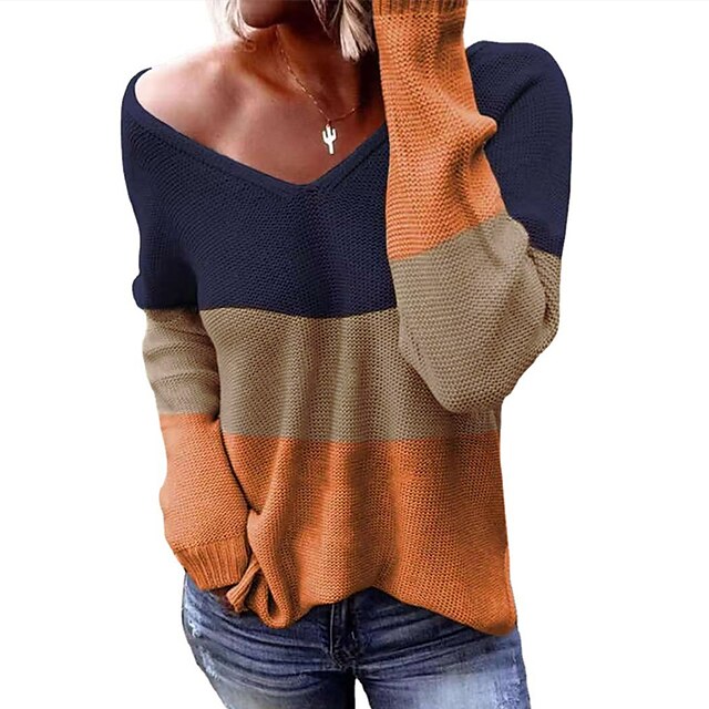  Women's Pullover Sweater Jumper Color Block Knitted Stylish Casual Soft Long Sleeve Sweater Cardigans Fall Winter V Neck Blue