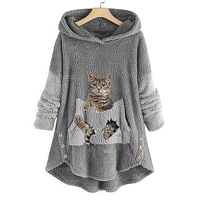  Women's Plus Size Animal Cat Home Daily Pink Green Dark Gray Teddy Casual Hooded Long Sleeve Micro-elastic Spring Fall Winter