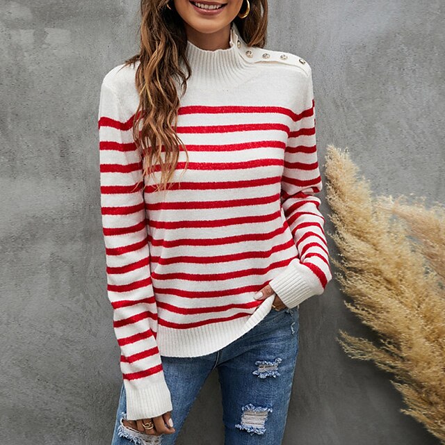  Women's Sweater Pullover Jumper Jumper Knit Button Knitted Striped Stand Collar Stylish Casual Daily Weekend Fall Winter Black Red S M L