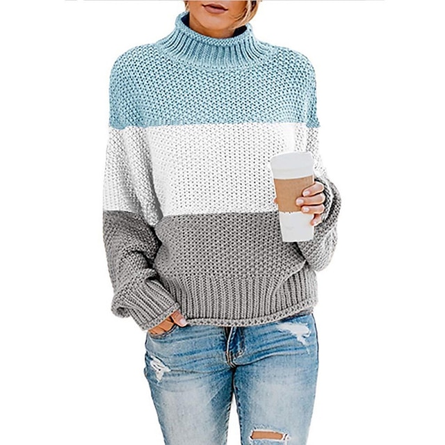  Women's Sweater Pullover Jumper Striped Knitted Stylish Casual Soft Long Sleeve Sweater Cardigans Fall Winter Turtleneck Blue Black Khaki