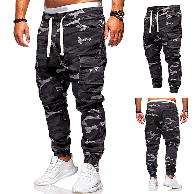  Men's Sweatpants Cargo Pants Trousers Camouflage Drawstring Elastic Waist Multi Pocket Sports & Outdoor Daily Active Casual Black