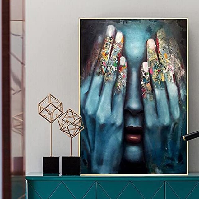  40*60cm/60*90cm Handmade Oil Painting Canvas Wall Art Decoration Figure with Hands Covering People Eyes  for Home Decor Stretched Frame Hanging Painting