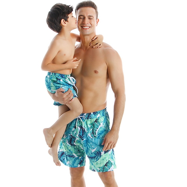  Papá y yo Traje de baño Deporte Graphic Hoja Estampado Azul Piscina Casual Trajes a juego / Otoño / Verano / Vacaciones