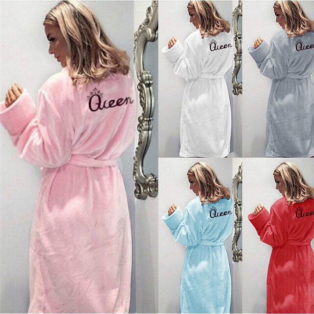  Women's Plus Size 1 pc Pajamas Robes Gown Bathrobes Plush Simple Comfort Letter Fleece Home Daily Vacation V Wire Warm Gift Long Sleeve Lace up Fall Winter White Blue