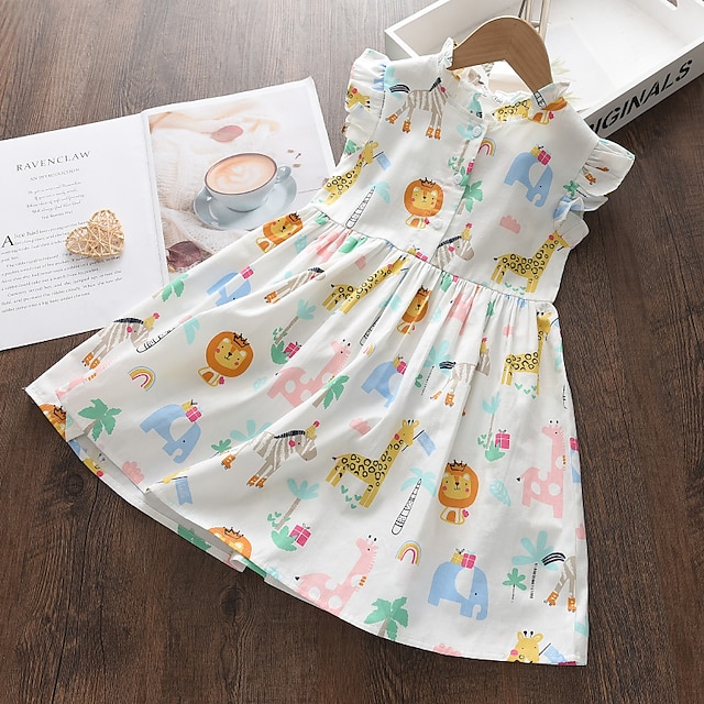  Kids Little Dress Girls' Graphic Animal Print Multicolor White Sleeveless Cute Dresses Regular Fit