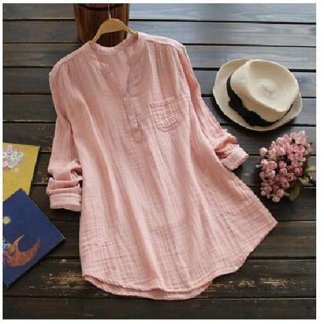  Women's Plus Size Tops Plain Blouse Shirt Long Sleeve Pocket Button Basic V Neck Polyester Daily Going out Spring Summer Blue White