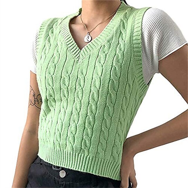  Women's Sweater Vest Jumper Cable Knit Knitted Cropped V Neck Solid Color Daily Going out Basic Essential Casual Fall Spring Green Blue S M L / Summer / Sleeveless / Chunky / Summer / Regular Fit