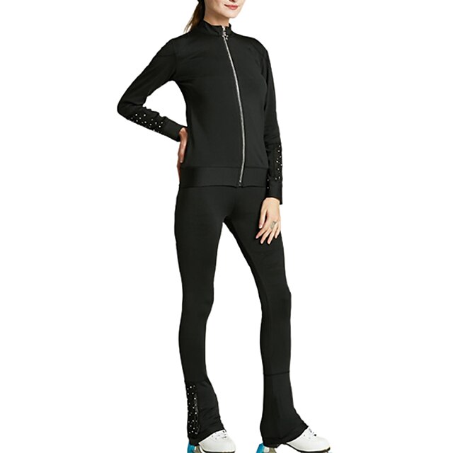  Figure Skating Jacket with Pants All Ice Skating Tracksuit Black Spandex High Elasticity Training Skating Wear Solid Colored Crystal / Rhinestone Long Sleeve Ice Skating Figure Skating / Kids