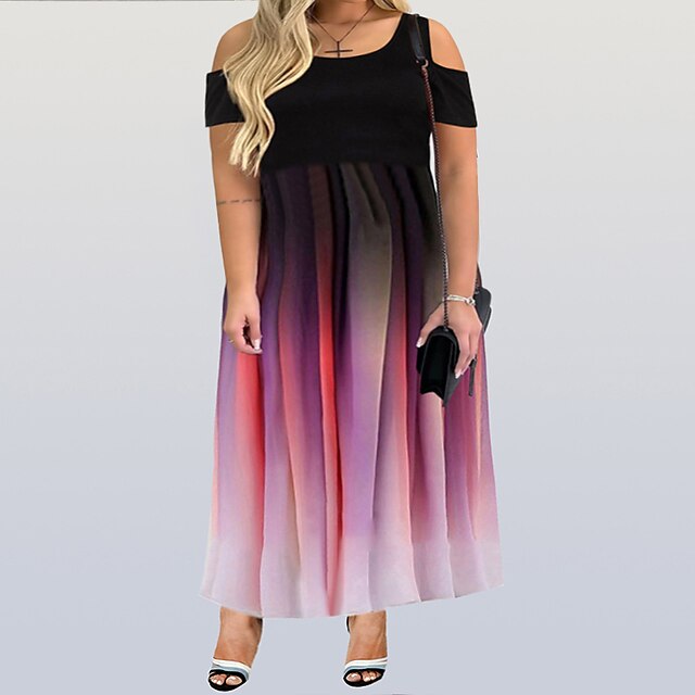  Mulheres Tamanho Grande Cores Gradiente Vestido A Line Com Corte Gola Redonda Manga Curta Amuleto Design Especial Básico Primavera Verão Férias Roupas Esportivas Vestido maxi longo Vestido