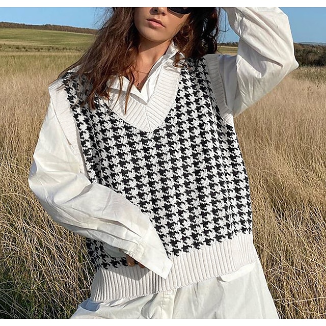  Women's Vest Plaid Check Check Pattern Knitted Stylish Basic Casual Sleeveless Sweater Cardigans Fall Winter Spring V Neck White Black Purple / Holiday / Regular Fit / Going out