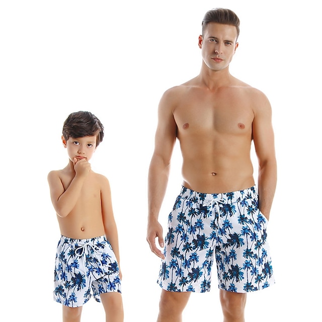 Papá y yo Traje de baño Deporte Graphic Hoja Estampado Azul Piscina Casual Trajes a juego / Otoño / Verano / Vacaciones