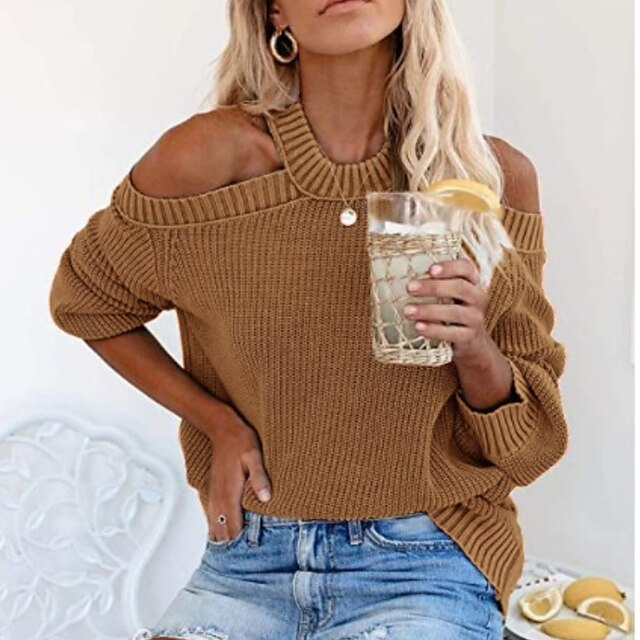  Women's Sweater Jumper Crochet Knit Knitted Cold Shoulder Halter Neck Solid Color Daily Stylish Casual Fall Winter Green White S M L / Long Sleeve / Regular Fit