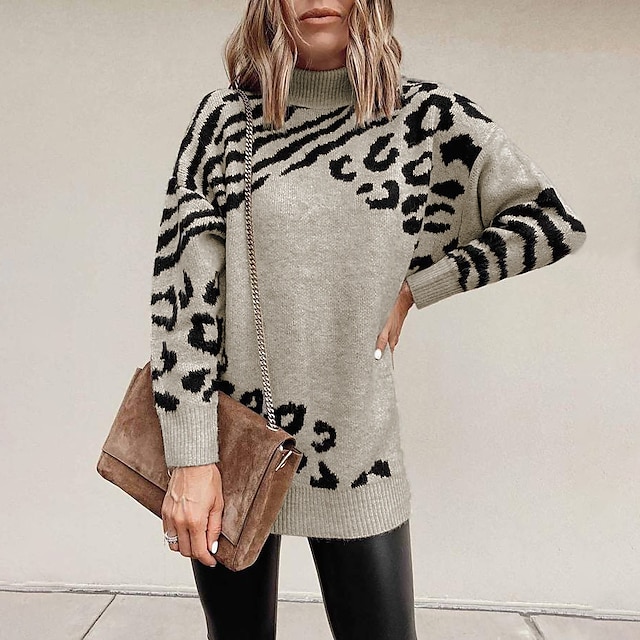  Women's Pullover Sweater Leopard Print Zebra Print Modern Style Basic Casual Long Sleeve Regular Fit Sweater Cardigans Fall Winter High Neck Blue Blushing Pink Grey / Holiday