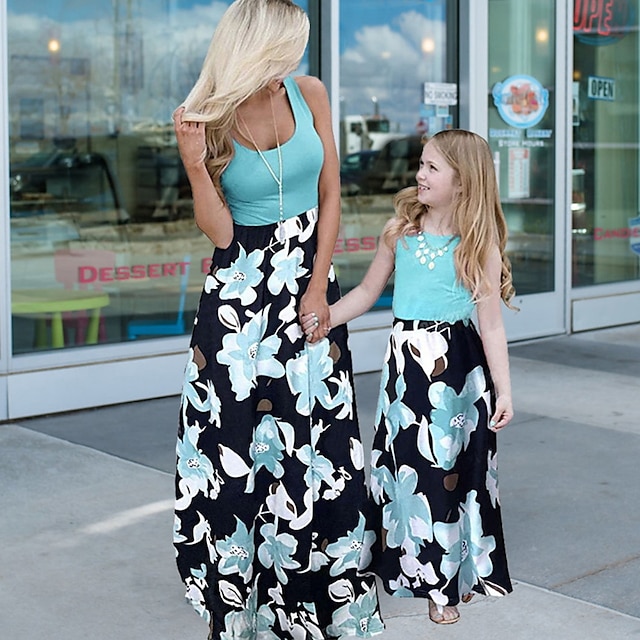  Mommy and Me Dresses Daily Floral Graphic Color Block Patchwork Red Light Blue Maxi Short Sleeve T Shirt Dress Tee Dress Adorable Matching Outfits / Spring / Summer / Cute / Print
