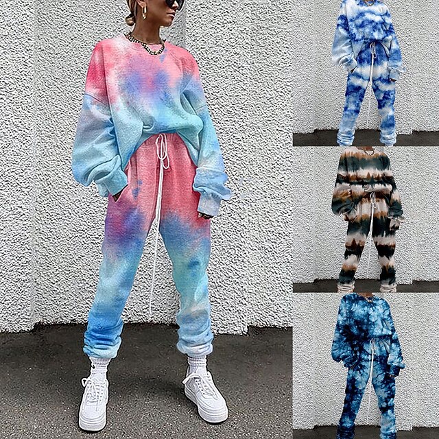  Women's Sweatshirt Tracksuit Pants Sets Tie Dye Going out Casual Daily Drawstring Print White Long Sleeve Streetwear Cinched Crew Neck Fall & Winter