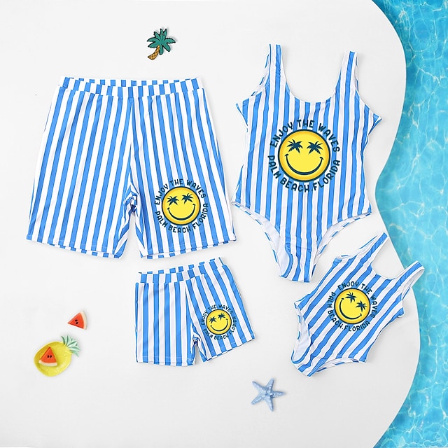  Olhar de família roupa de banho Casual Listrado Folha Letra Imprimir Azul Sem Manga Férias Roupas Combinando / Verão / Estilo bonito