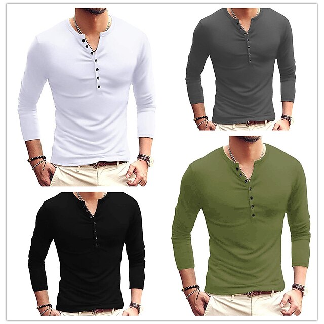  Men's T shirt Tee Shirt Solid Color Round Neck Button Down Collar Casual Daily Long Sleeve Button-Down Tops Simple Basic Formal Fashion Wine White Black