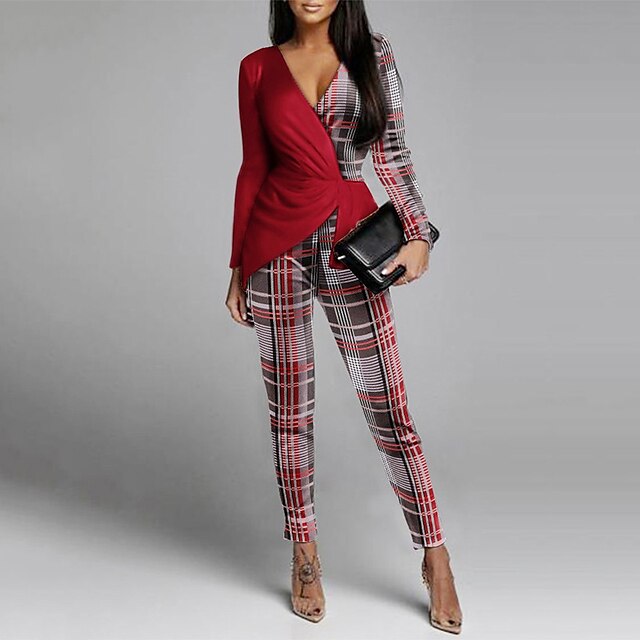  Combinaison-pantalon Femme Plaid Imprimer Elégant Col en V Soirée Soirée & Evénement Manches Longues Standard Rouge S Printemps