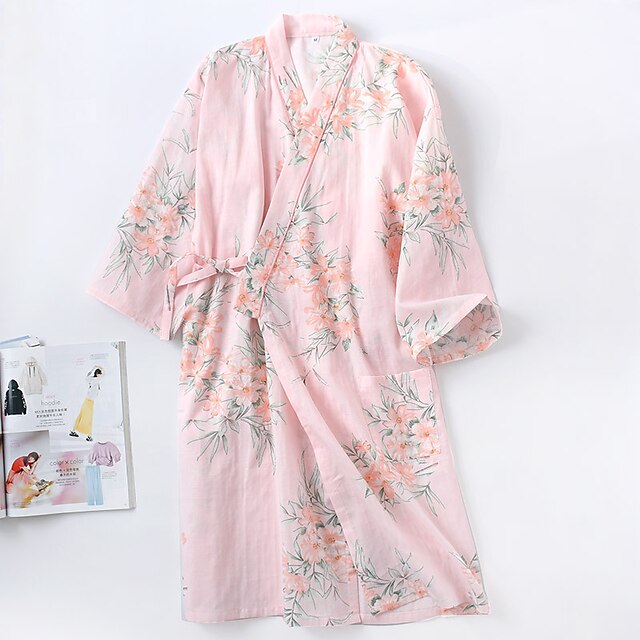  Women's 1 pc Pajamas Robes Gown Bathrobes Fashion Comfort Kimono Robes Flower Bamboo Home Wedding Party Vacation V Wire Breathable Gift Long Sleeve Lace up Print Spring Summer Pocket Gray Pink / Spa