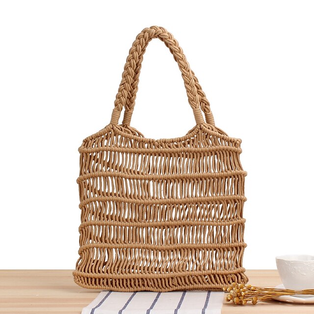  Women's Straw Bag Beach Bag Sling Bags Straw Top Handle Bag Straw Bag Shoulder Bag Daily Going out Solid Color Camel White