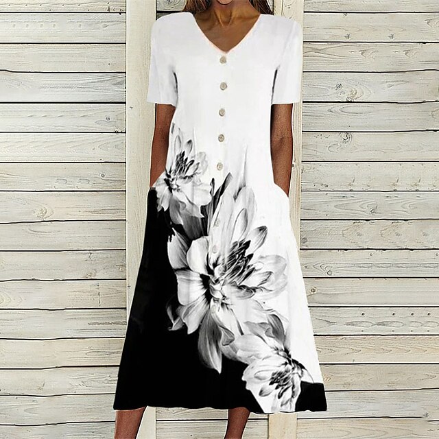  Women's Midi Dress A Line Dress White Short Sleeve Button Print Floral V Neck Spring Summer Stylish Casual 2022 Loose S M L XL XXL