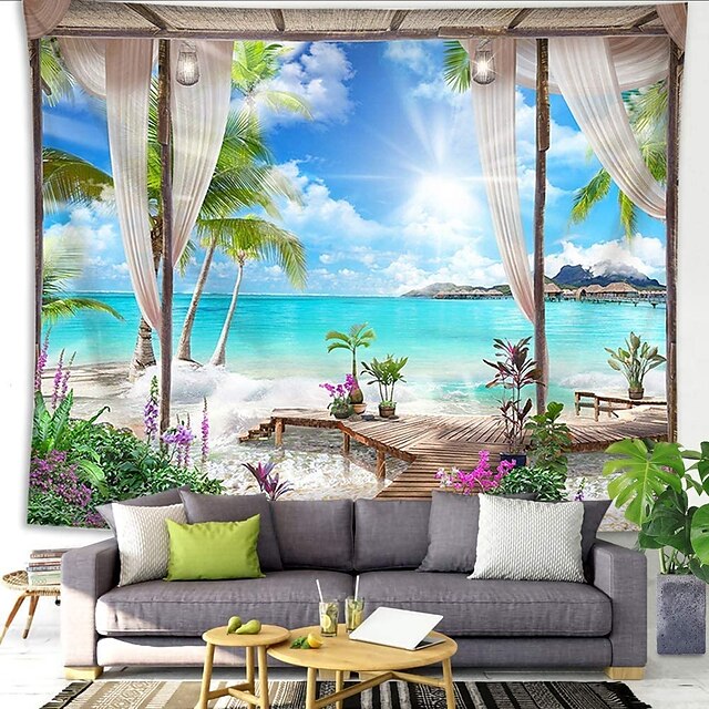  vindue landskab væg gobeliner kunst indretning tæppe gardin hængende hjem soveværelse stue dekoration kokos træ træ hav strand