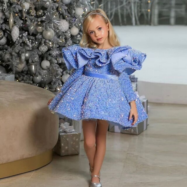  Kids Little Girls' Dress Solid Colored Special Occasion Birthday A Line Dress Sequins Ruched Blue Above Knee Long Sleeve Princess Cute Dresses Fall Summer Regular Fit 3-12 Years
