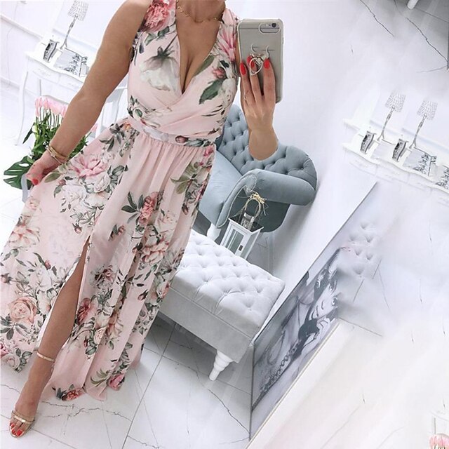  Women's Plus Size Floral Holiday Dress Split V Neck Sleeveless Casual Sexy Spring Summer Causal Daily Maxi long Dress Dress / Loose Fit / Print