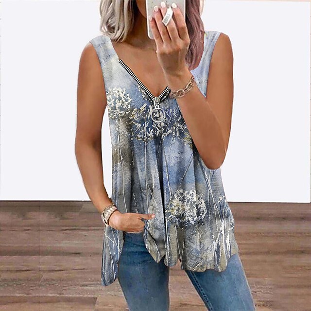  Women's Tank Top Vest Blue Purple Brown Floral Flowing tunic Quarter Zip Print Sleeveless Daily Weekend Streetwear Casual V Neck Regular Fit Floral