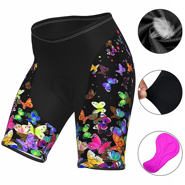  21Grams Women's Bike Shorts Cycling Padded Shorts Bike Mountain Bike MTB Road Bike Cycling Shorts Pants Sports Rainbow Butterfly Black Green 3D Pad Breathable Quick Dry Spandex Polyester Clothing