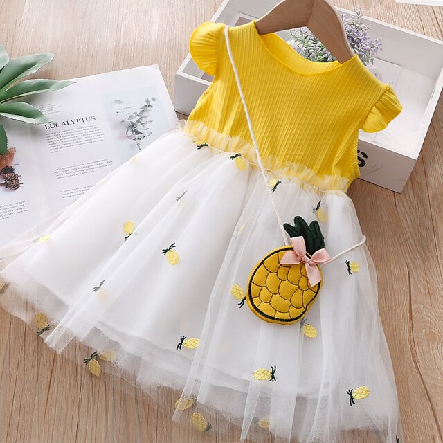  Kids Little Girls' Dress Fruit Tutu Dresses Mesh Print Yellow Blushing Pink Knee-length Short Sleeve Basic Dresses Summer Regular Fit Baby