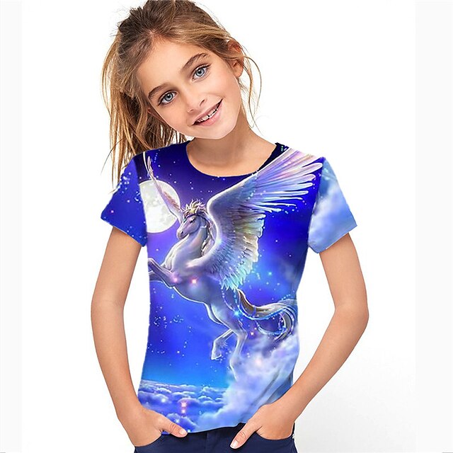  T-shirt Fille Enfants Manches Courtes Licorne Animal 3D effet Bleu Enfants Hauts Actif Mode Vêtement de rue Printemps Eté du quotidien Intérieur Extérieur Standard 3-12 ans / Le style mignon