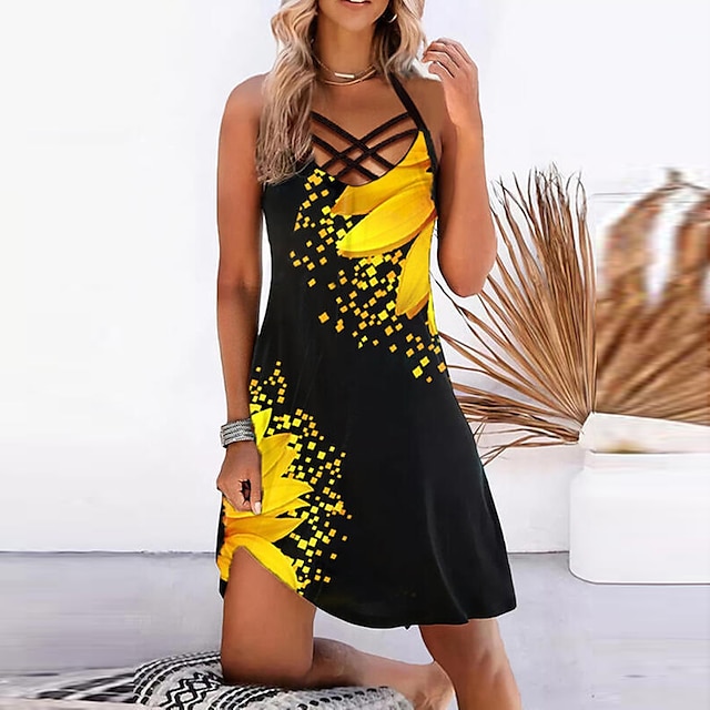  Women's Mini Dress Casual Dress Black White Yellow Floral Sleeveless Summer Spring Hollow Out Stylish Lace Up Neck Vacation 2023 S M L XL XXL